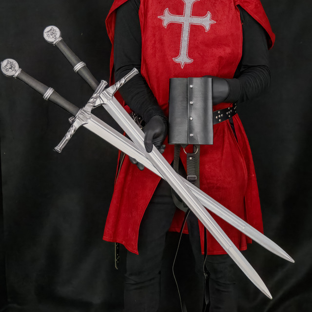 Dual Silver Wolf Fantasy Foam Swords with Double Back Strap Sheath