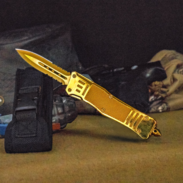 Golden Tactical OTF Knife with Serrated Blade and Nylon Sheath