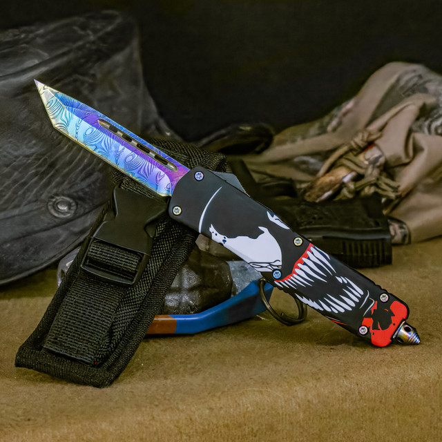 Punisher Skull Print Rainbow OTF Knife with Nylon Sheath