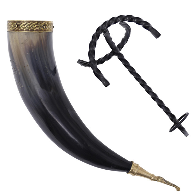 Brass Tip Drinking Horn with Jormungandr & Hand-Forged Twisted Iron Rack – Viking Set