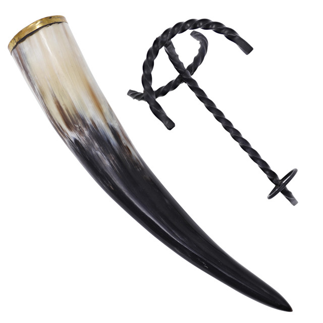The Hooded Raven™ Brass Rim Drinking Horn with Hand-Forged Twisted Iron Stand – Viking Set The Hooded Raven™ Brass Rim Drinking Horn with Hand-Forged Twisted Iron Stand – Viking Set