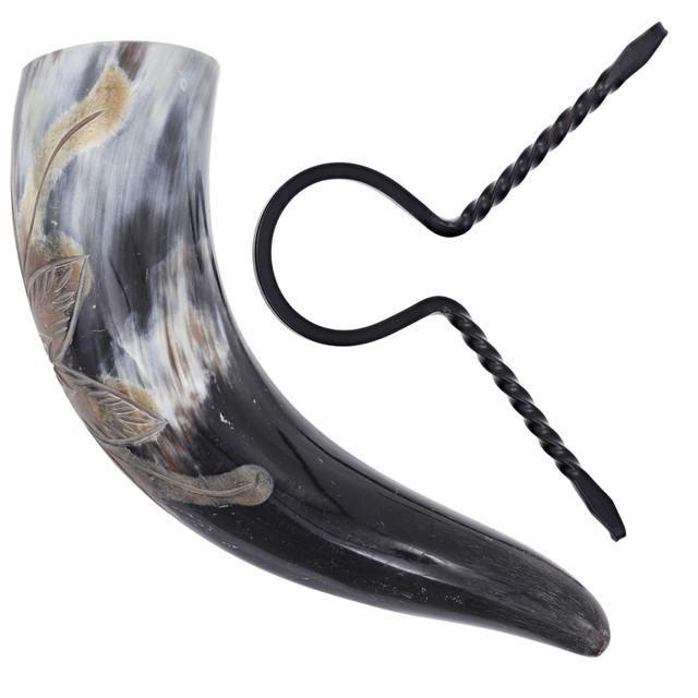 Burnt Orange Blossom Viking Drinking Horn with Hand-Forged Rack – Medieval Feasting Set