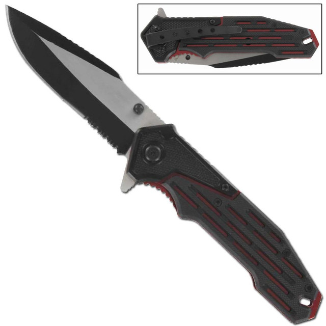 Black & Red Tactical Drop Point Spring Assisted Folding Knife