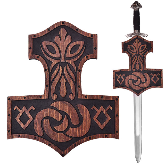 Ancient Hammer Guardian Wooden Plaque Sword – Viking-Inspired Wall Display