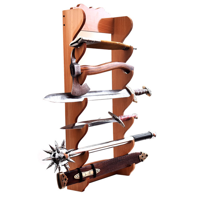 Wooden 6-Piece Sword Wall Display – Multi-Tier Collector Rack