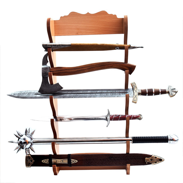 Wooden 6-Piece Sword Wall Display – Multi-Tier Collector Rack