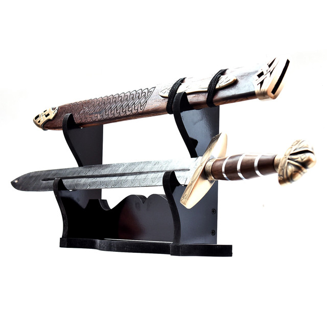 Wooden 2-Piece Sword Table Display Black – Dual Stand Collector Rack