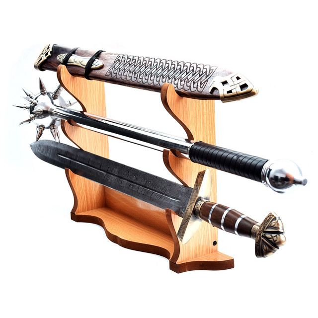 Wooden 3-Piece Sword Table Display – Triple Stand Collector Rack