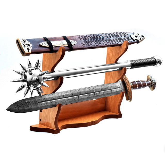 Wooden 3-Piece Sword Table Display – Triple Stand Collector Rack