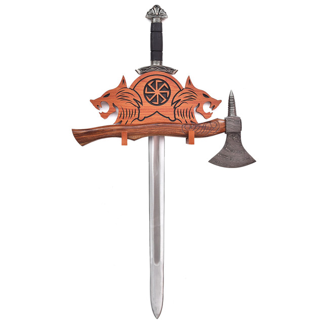 Wooden Sword and Axe Wall Display Stand