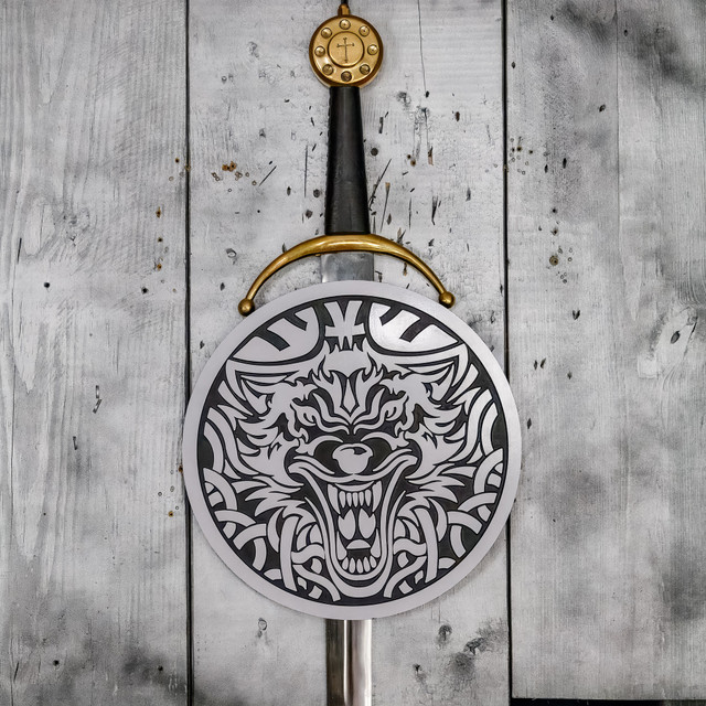 Wooden Wolf Head Sword Wall Display Plaque