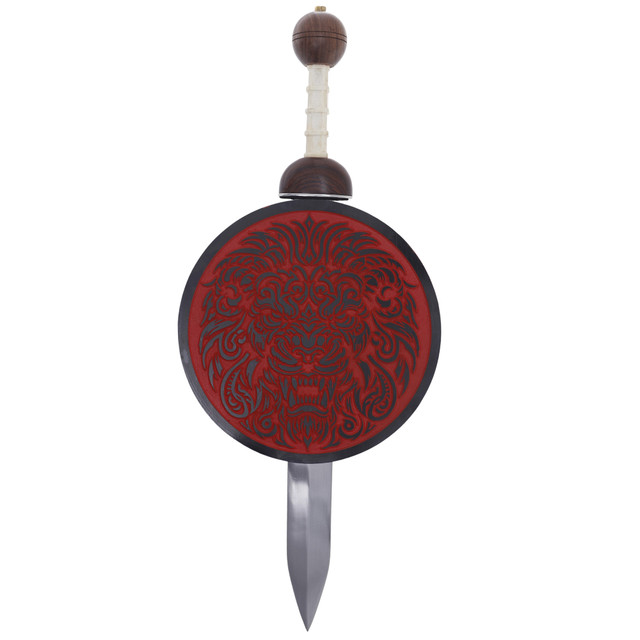 Wooden Lion Face Sword Wall Display Plaque – Red and Black Finish