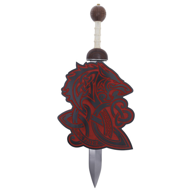 Wooden Wolf Design Sword Wall Display Plaque – Red and Black Finish