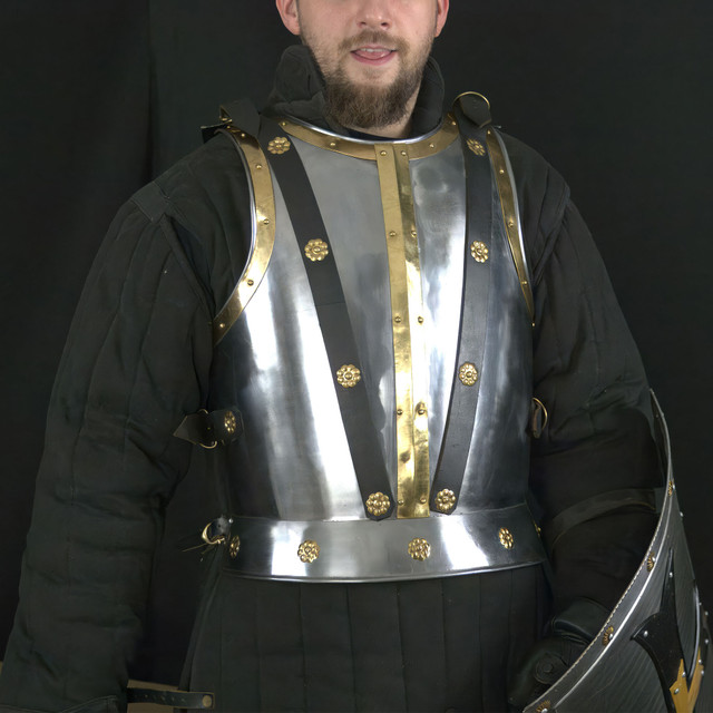 Medieval Steel Breastplate Armor with Brass Trim and Leather Straps