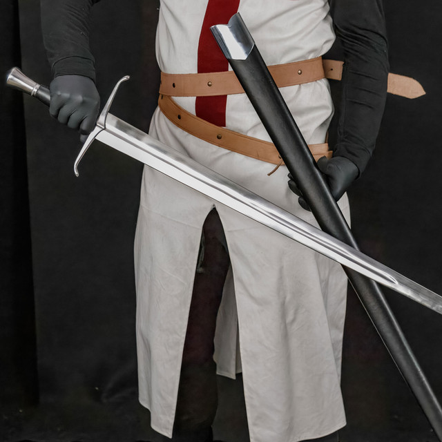 Medieval Battle Ready Double Edge Sword with Black Leather Scabbard