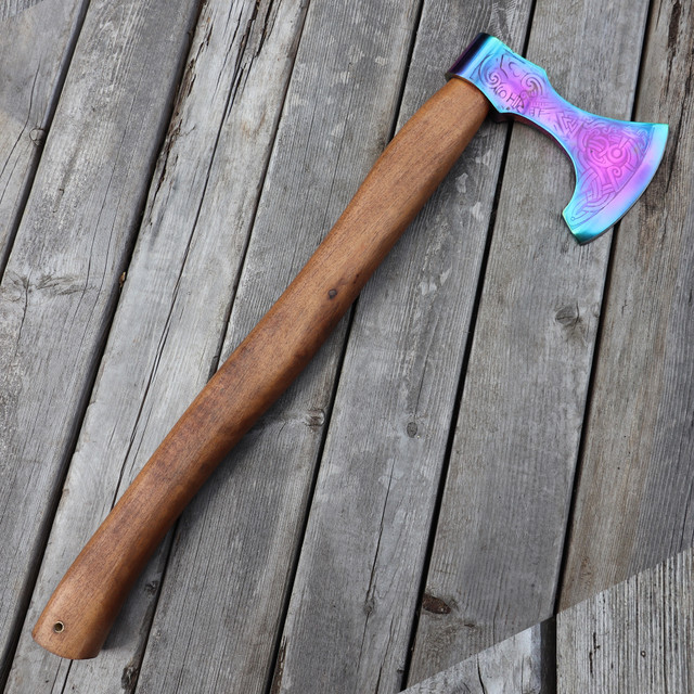Norse Style Viking Axe with Rainbow Finish Blade and Wooden Handle