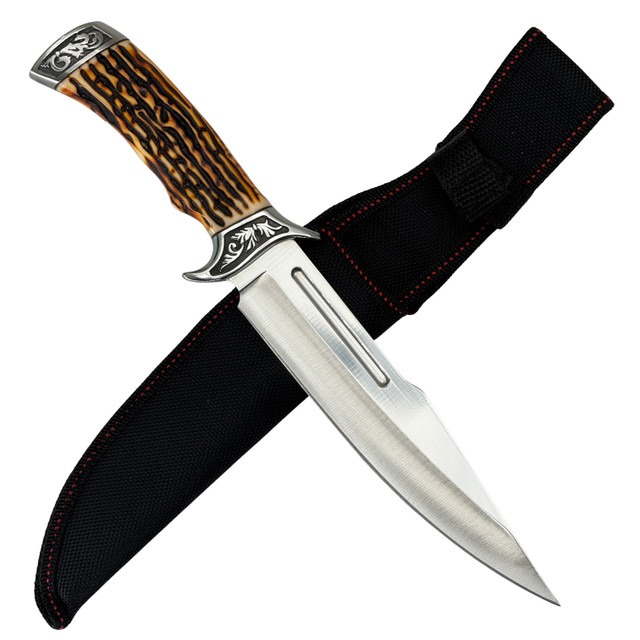 12.25" Hunting Fixed Blade Knife – Mirror Polish Stainless Steel Drop Point w/ Blood Groove, Faux Stag Handle & Sheath