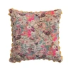 Velvet Printed Pillow With Hand-Embroidered Kantha Stitch, Pom Poms & Chambray Back