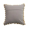 Velvet Printed Pillow With Hand-Embroidered Kantha Stitch, Pom Poms & Chambray Back