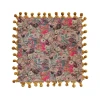 Velvet Printed Pillow With Hand-Embroidered Kantha Stitch, Pom Poms & Chambray Back