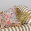 Velvet Printed Pillow With Hand-Embroidered Kantha Stitch, Pom Poms & Chambray Back