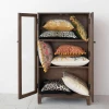 Velvet Printed Pillow With Hand-Embroidered Kantha Stitch, Pom Poms & Chambray Back