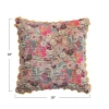 Velvet Printed Pillow With Hand-Embroidered Kantha Stitch, Pom Poms & Chambray Back