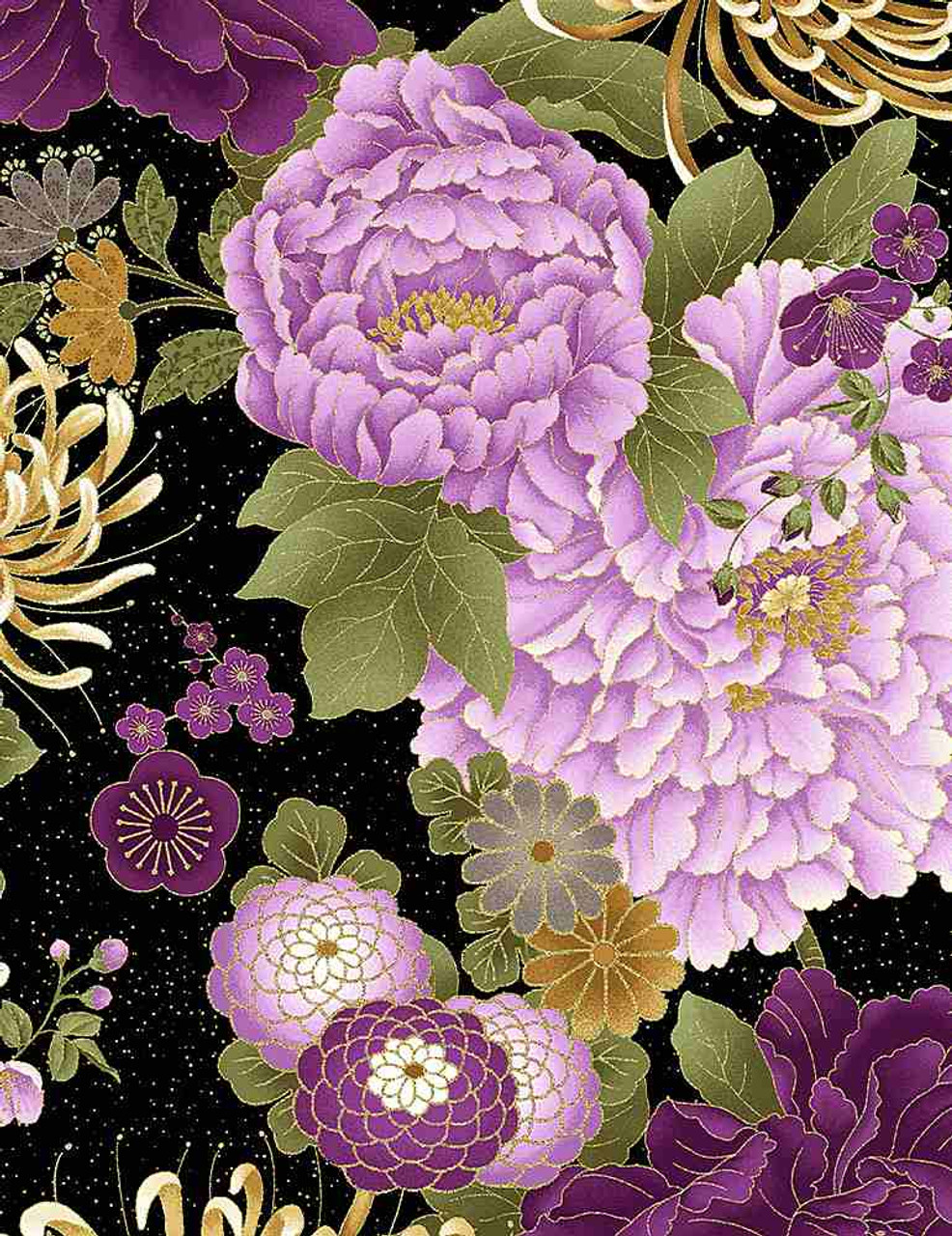 Vintage Fabric by the Yard. Black With Bright Greens, Purples