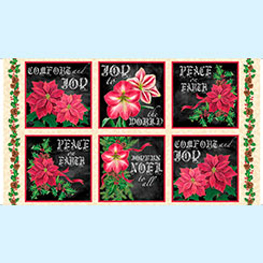 Quilting Treasures - Joy To The World - 24" Poinsettia Panel, Cream/Black