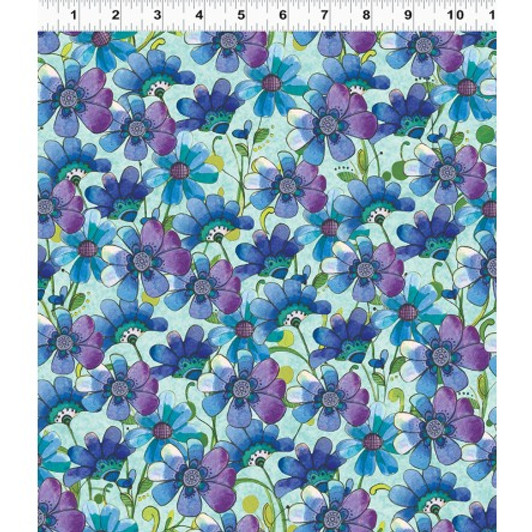 Clothworks - Daisy Dance - Large Daisies, Light Aqua