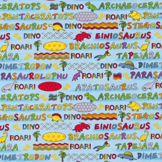 Fabri-Quilt - Lost World  - Dino Words, Lt Blue