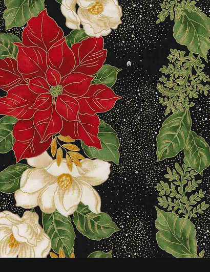 Timeless Treasures - Holiday Bloom - Metallic Poinsettia Stripe, Black