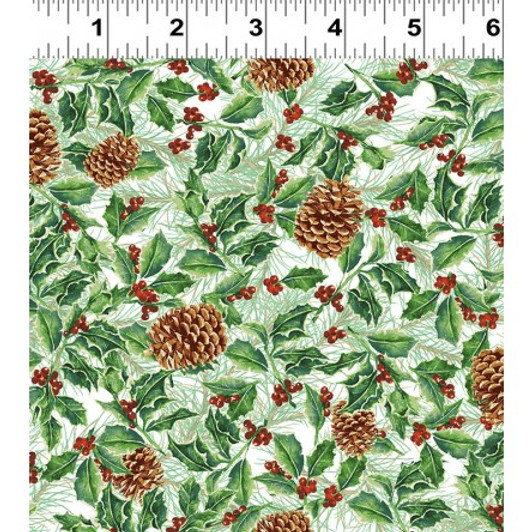 Clothworks - Holidays Remembered White - Designed by Barb Tourtillotte, Holly & Pinecones