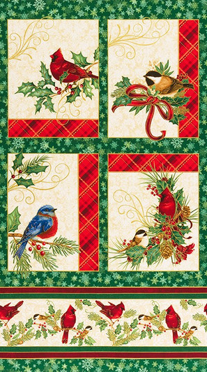 Robert Kaufman - Winter's Grandeur 8 - 24" Panel - Christmas Birds, Green