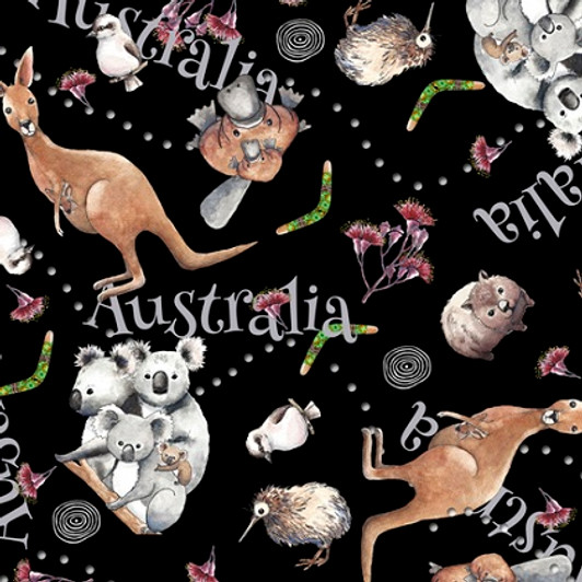 Quilting Treasures - Kiwis & Koalas - Animal Toss, Black