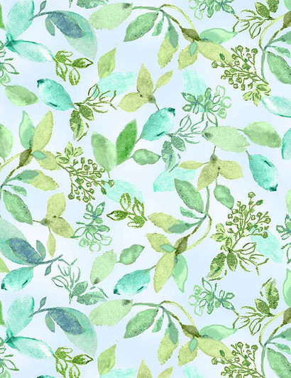 Timeless Treasures - Spring Song - Watercolor Varied Leaves, Aqua
