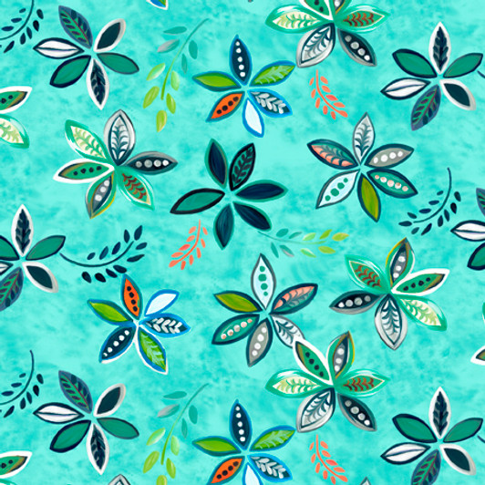 Quilting Treasures - Enchanted Garden - Peaceful Flowers, Aqua