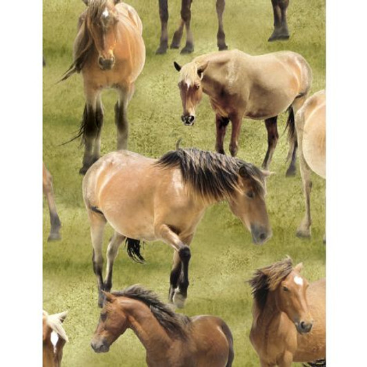 Wilmington Prints - Greener Pastures 2 - Horses Allover, Green