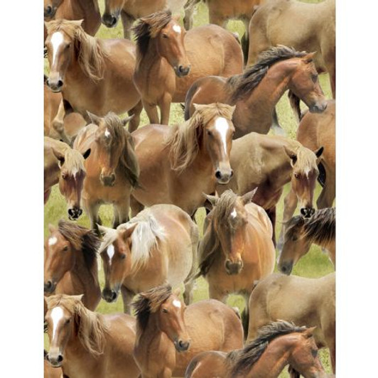 Wilmington Prints - Greener Pastures 2 - Packed Horses, Green