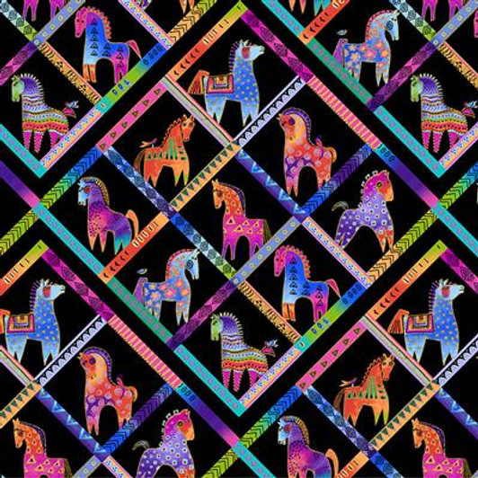 Clothworks - Fiesta Horses - Diamond Horses, Black Metallic