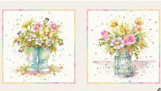 P & B Textiles - Boots & Blooms - 24" Block Pillow Panel, Blue