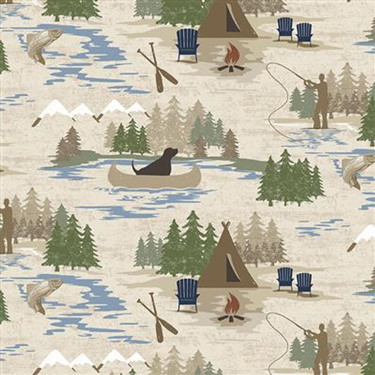 Clothworks - On Lake Time - Toile, Light Khaki