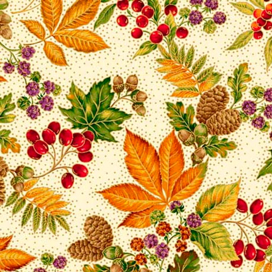 Quilting Treasures - Botanical Harvest - Harvest Leaves & Dots, Ecru