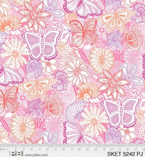 P & B Textiles - 108" Sketchbook - Tonal Butterflies, Pink Orange