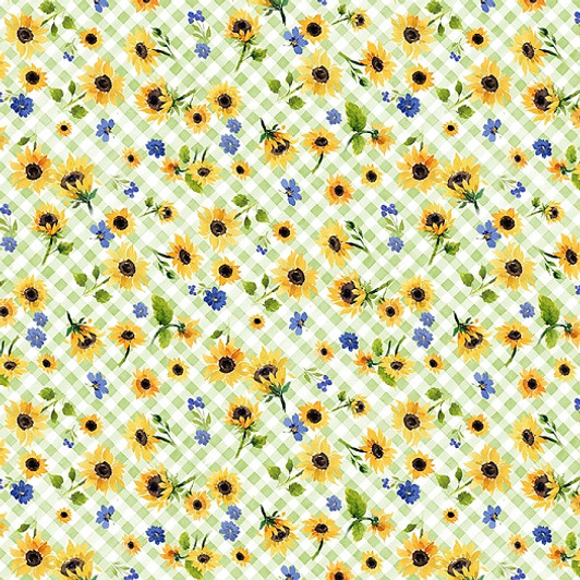 Clothworks - Sunflower Bouquets - Floral Check, Lt Green