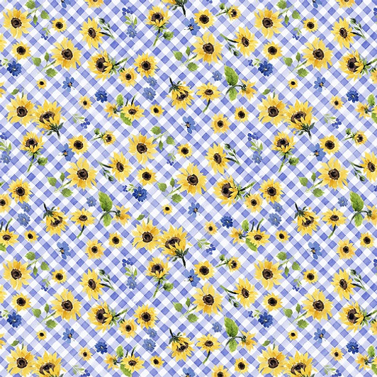 Clothworks - Sunflower Bouquets - Floral Check, Periwinkle
