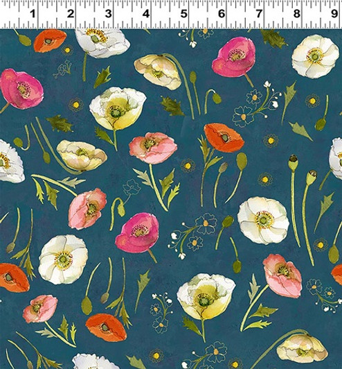 Clothworks - Poppy Dreams - Tossed Poppies, Dark Teal