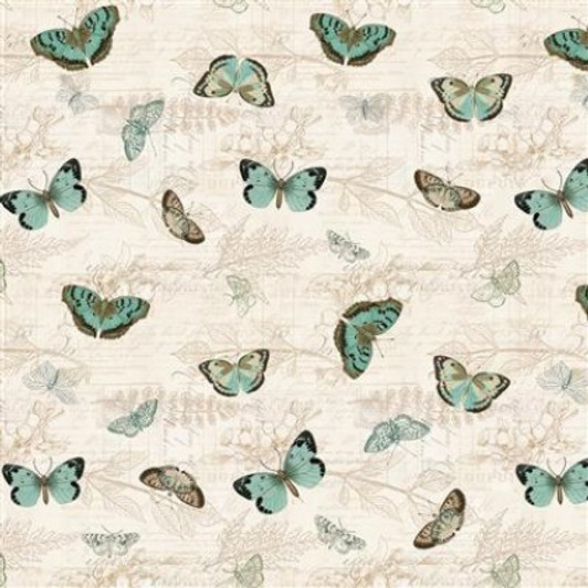 Clothworks - En Bleu - Tossed Butterflies, Light Cream