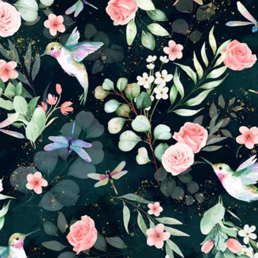 Hoffman California - Fancy Flutter - Hummingbirds & Roses, Dk Teal