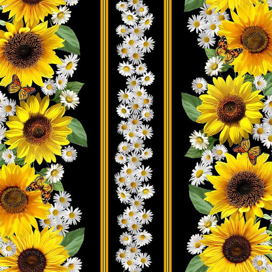 Timeless Treasures - Advice From A Sunflower -Sunflower & Butterfly Stripe,Black